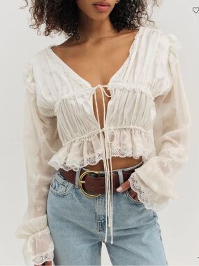 For Love & Lemons Jeanne Jacquard Heirloom Vintage Lace Tie Front Top M